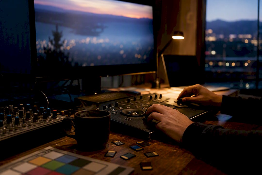 Hands adjusting color controls in editing suite