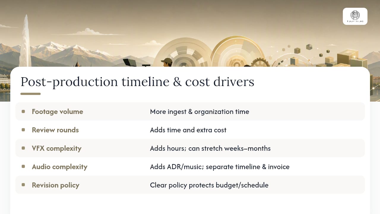 Diagram of timeline and cost drivers in post production