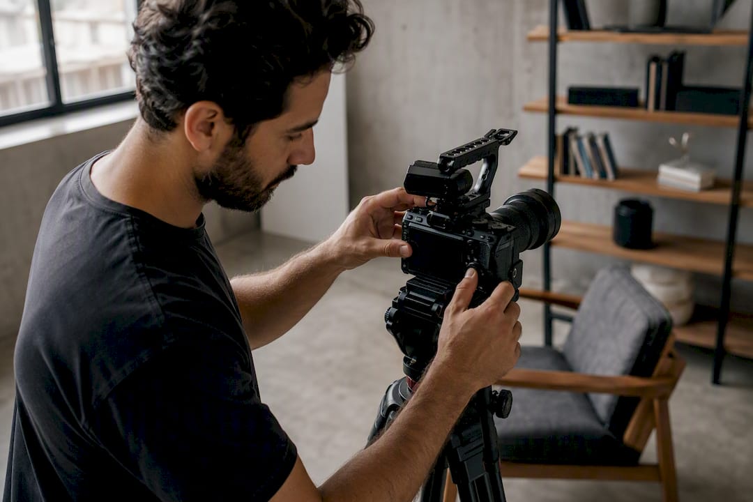 Réglage d’une caméra 4K en studio par un technicien