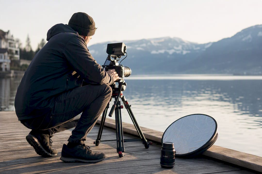 Swiss videographer adjusting camera outdoors