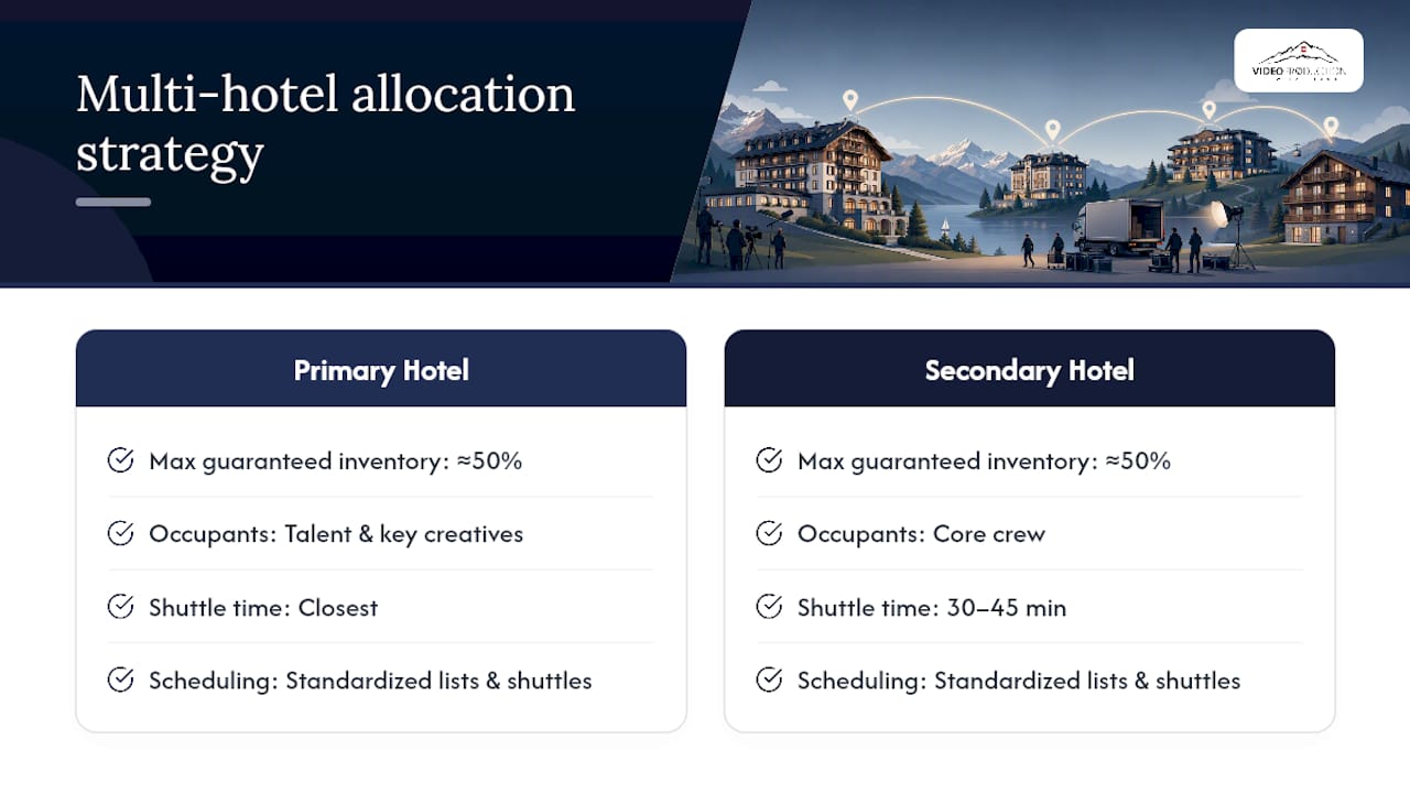 Diagram of multi-hotel crew accommodation and logistics strategy