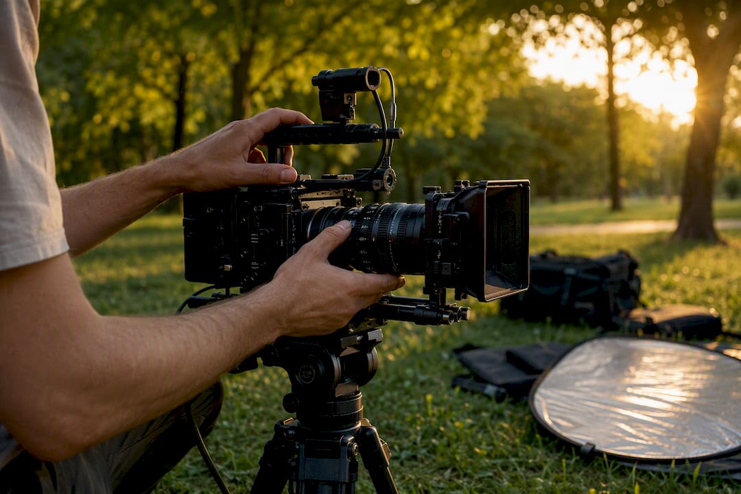 Opérateur caméra ajustant la caméra vidéo
