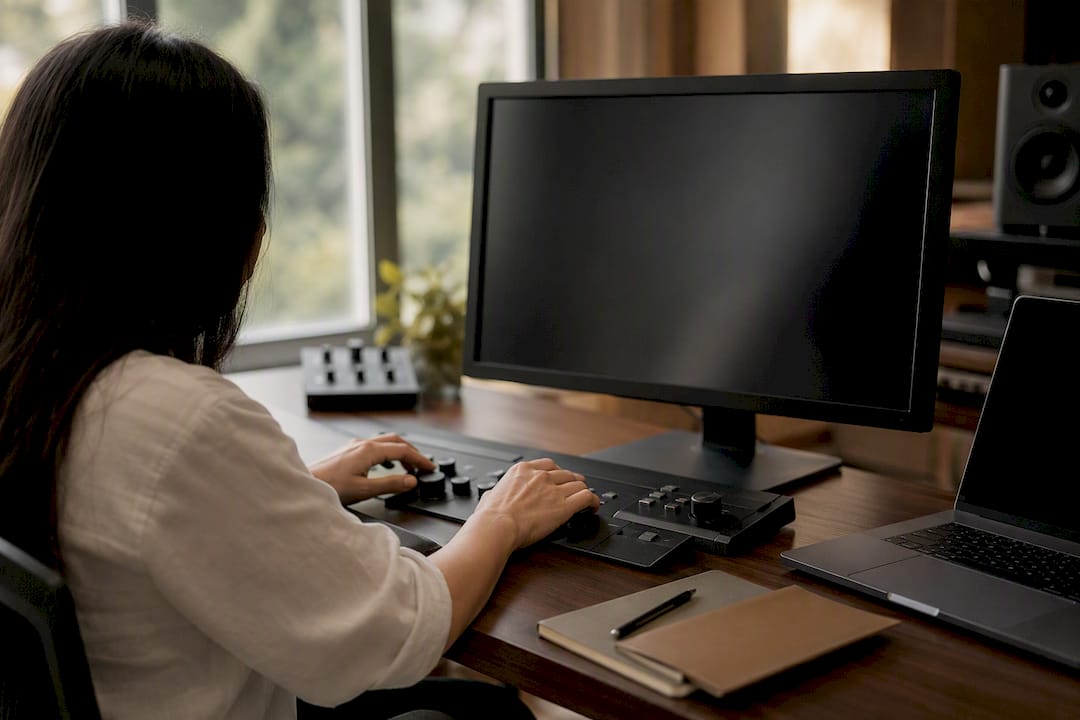 Hands adjusting subtitles on video editing controls