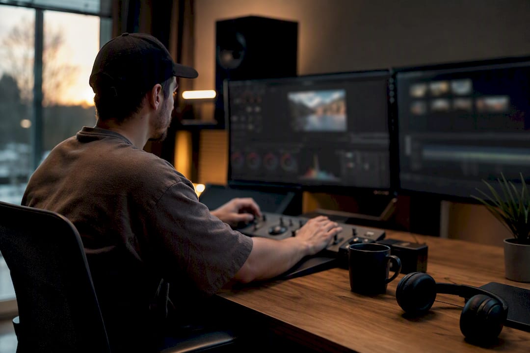 Mains réglant la console de montage vidéo