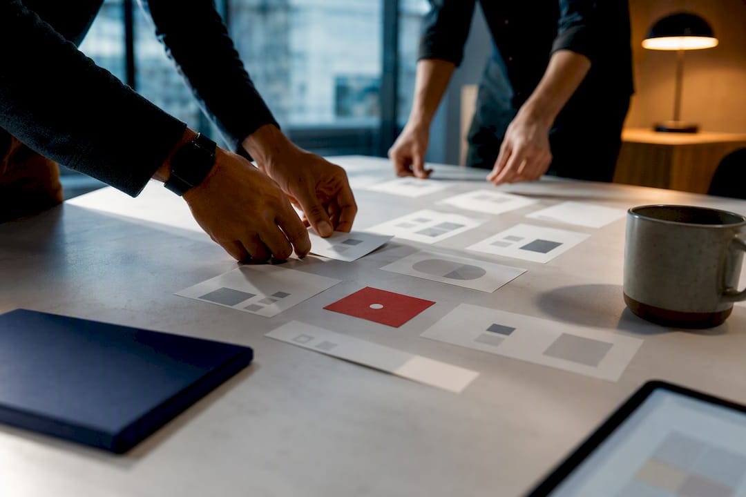 Hands arranging digital product roadmap cards