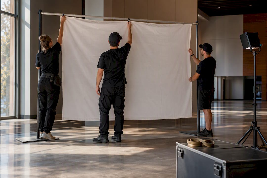Crew hanging banner during event setup