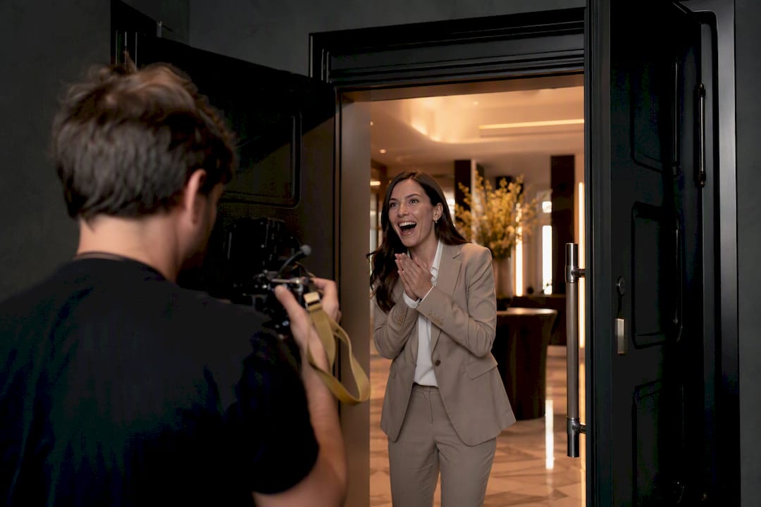 Videographer filming conference entrance reaction