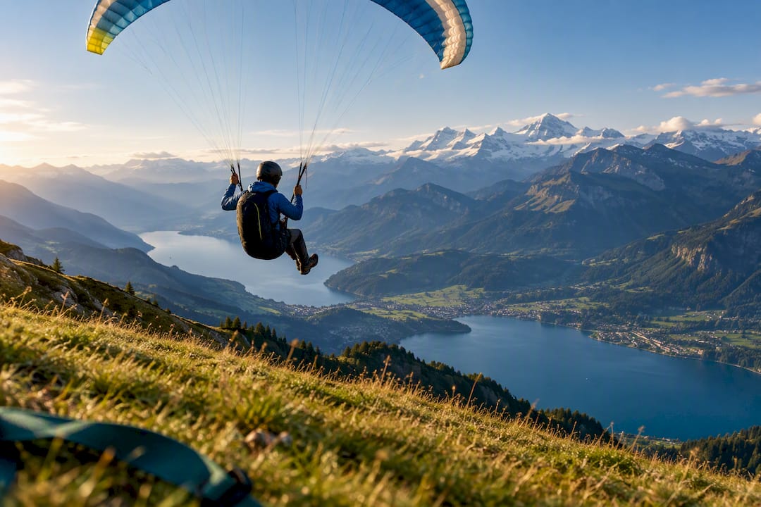 Paraglider above Interlaken lakes and Alps