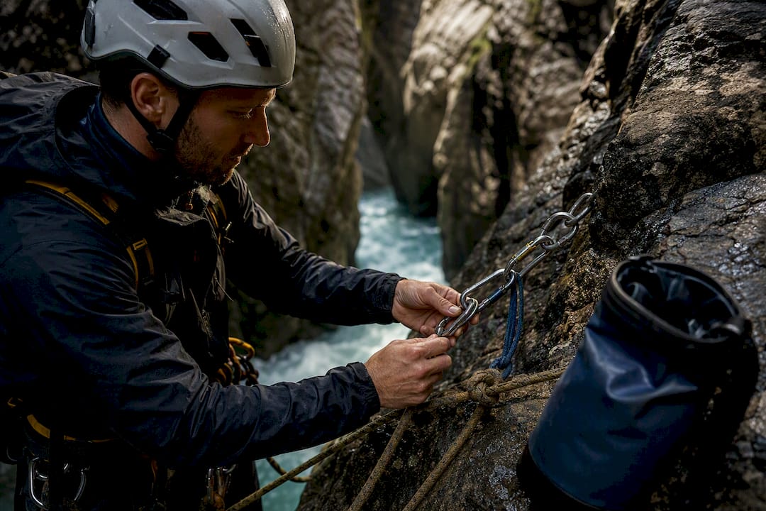 Canyoning guide checking rope anchor