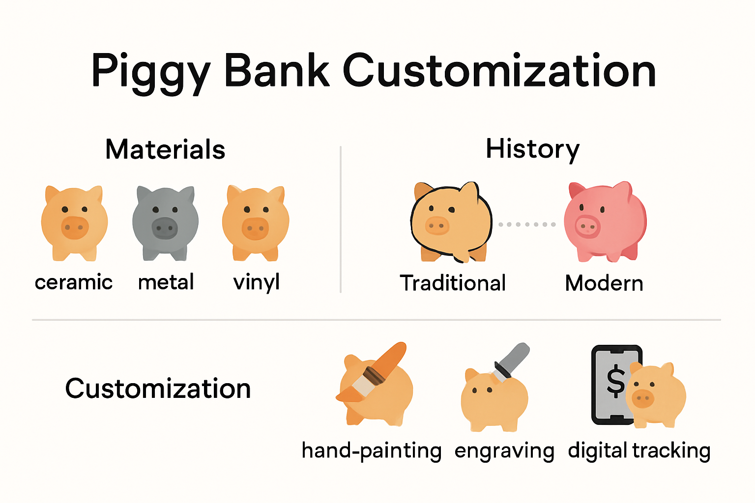 Infographic showing customized piggy bank materials and styles evolution
