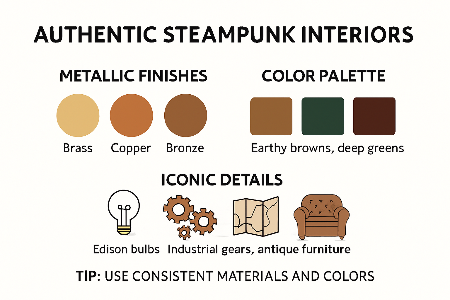Steampunk interior materials and color palette infographic