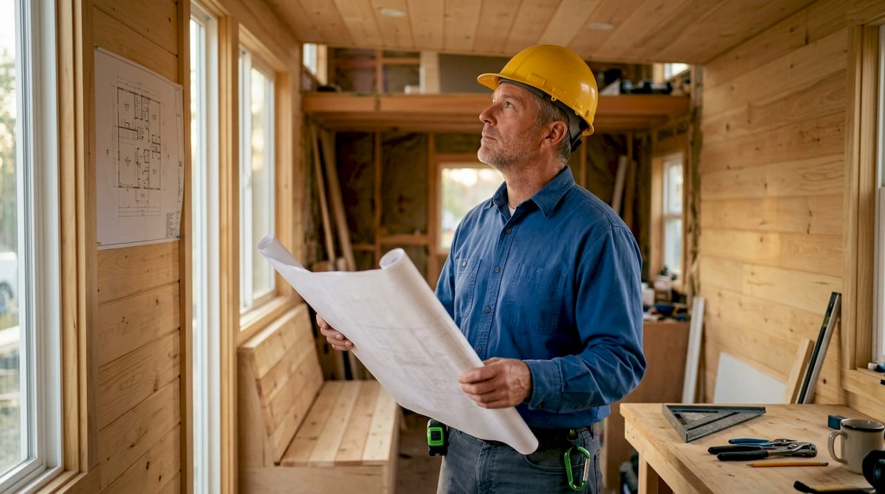 Man reviewing tiny home layout during build phase