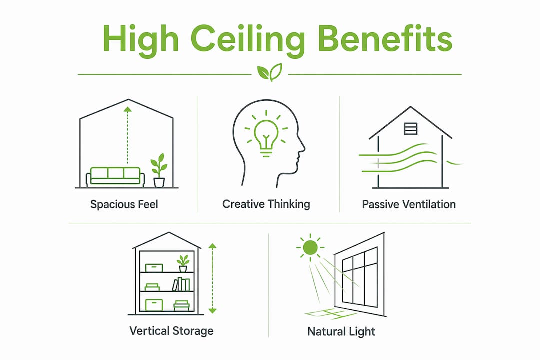 Infographic showing benefits and design strategies of high ceilings