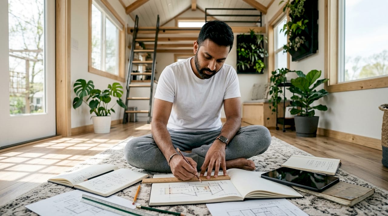 Man sketching tiny home design plans overhead view
