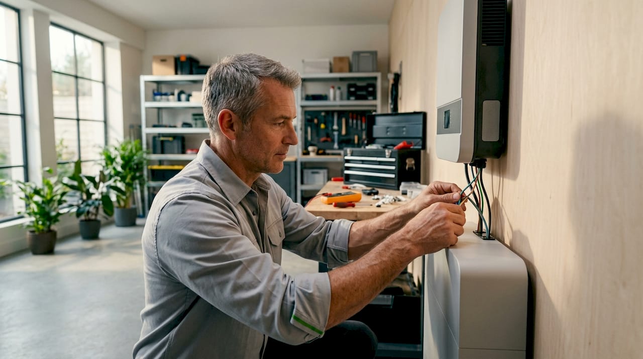 Technician installing home battery energy system