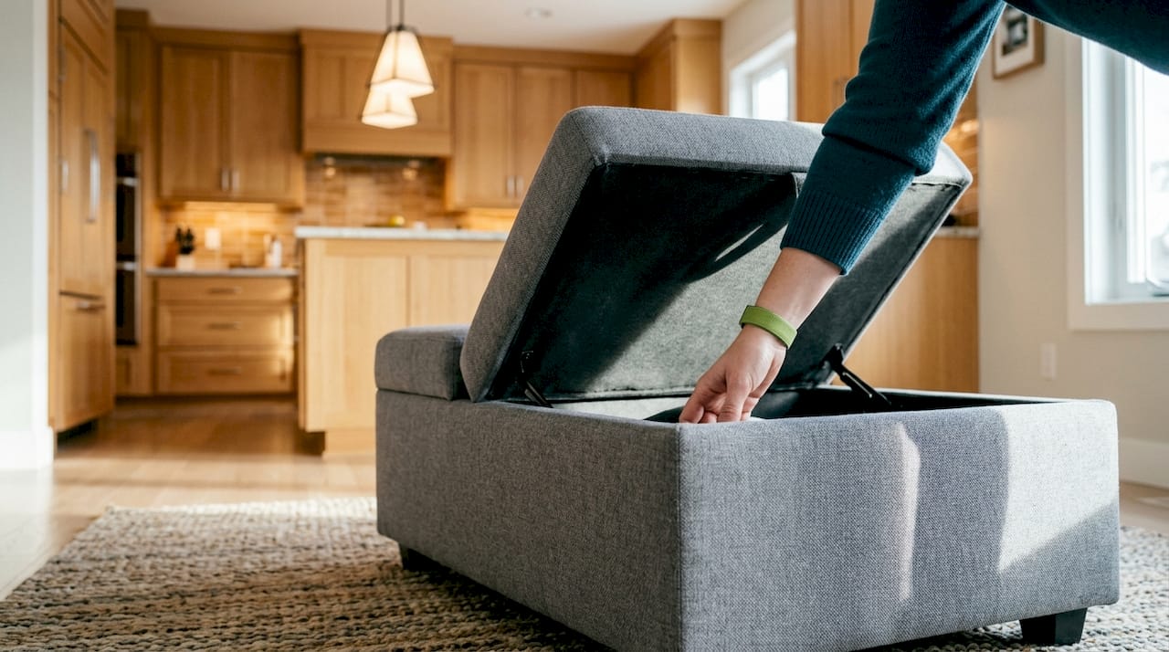 Hand opening hidden drawer in storage ottoman