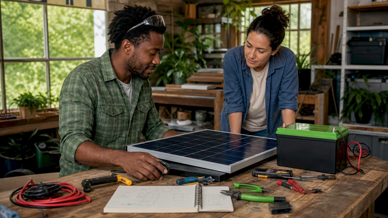 Electrician assembling tiny home solar system components