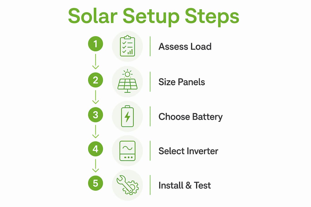 Infographic outlining key solar setup steps for tiny homes