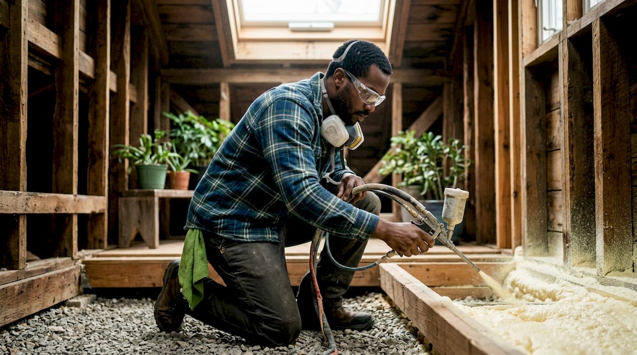 Installer applying spray foam insulation in tiny home