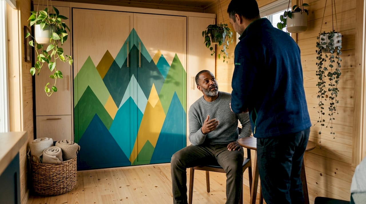 Man using fold-down desk beside open Murphy bed