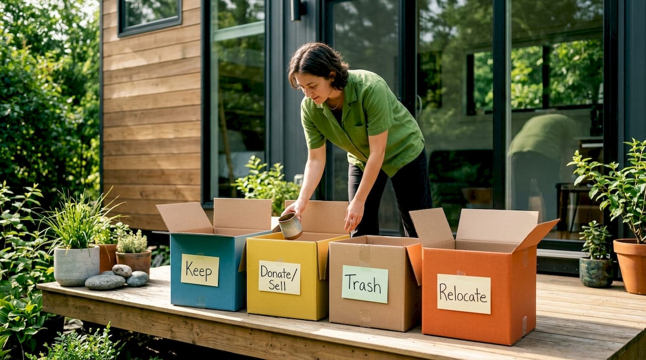 Hands sorting household items into labeled boxes