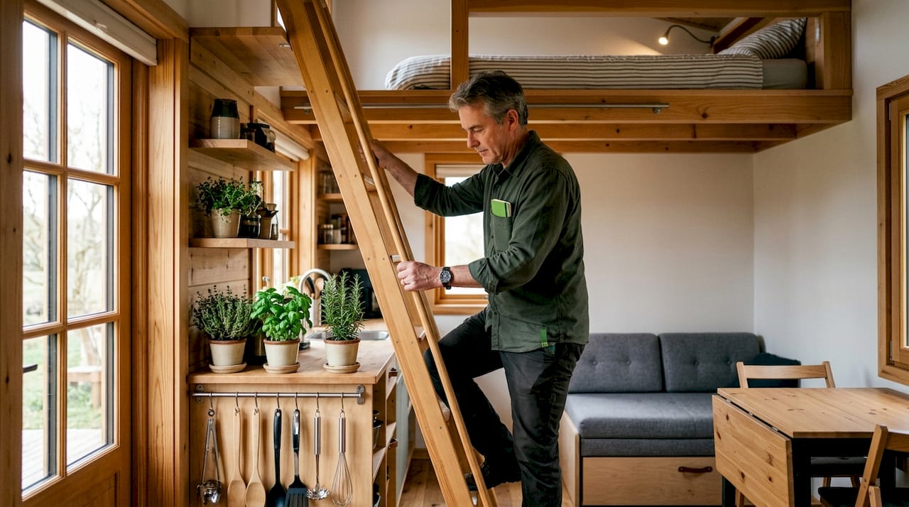 Man climbing ladder inside tiny home with vertical design