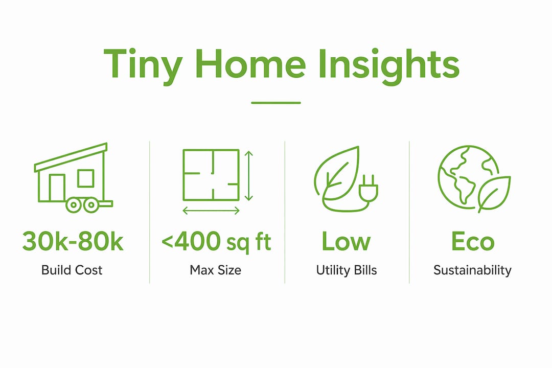 Infographic showing tiny home build cost, size, utility savings, and sustainability