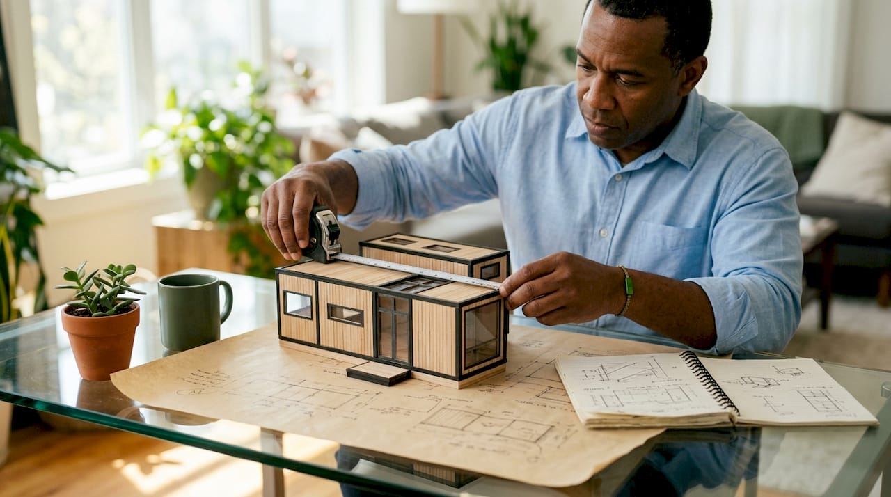 Hands pointing at container home models on desk