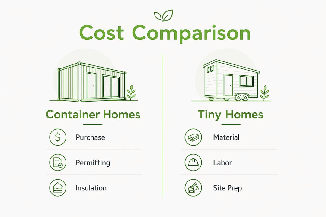 Infographic showing cost comparison of container and tiny homes