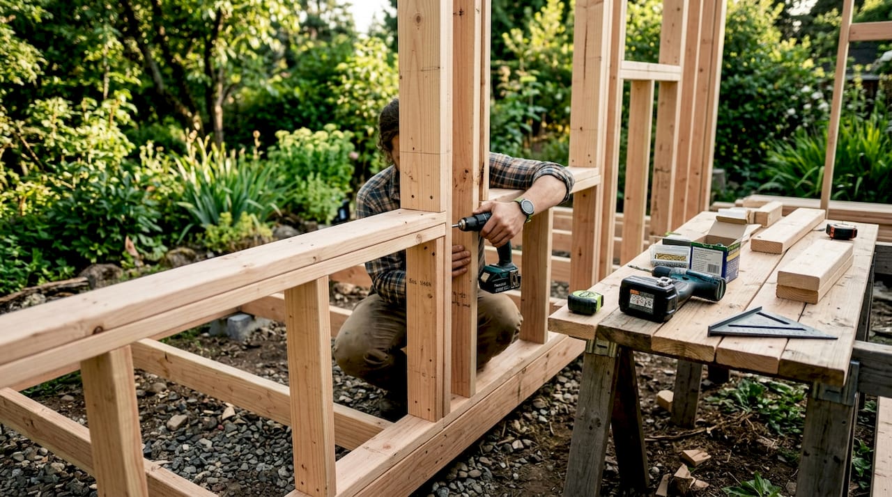 Craftsman assembling tiny house wood frame indoors