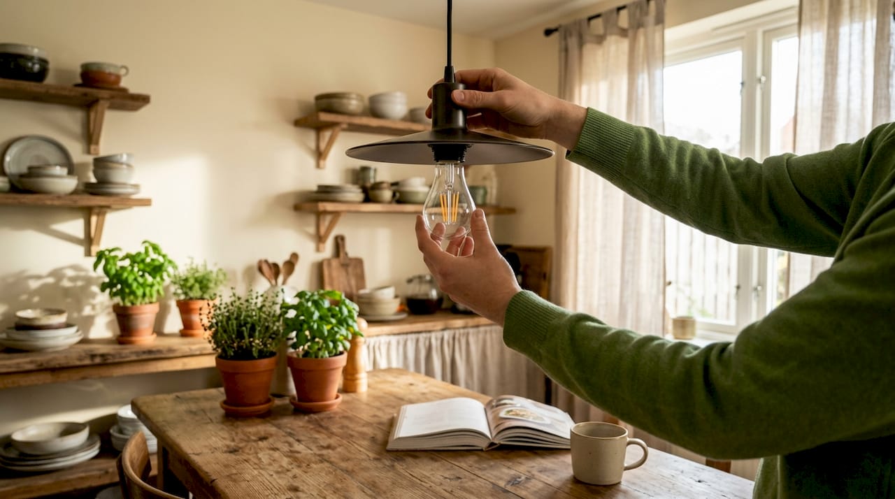 Close-up of hands installing LED light bulb