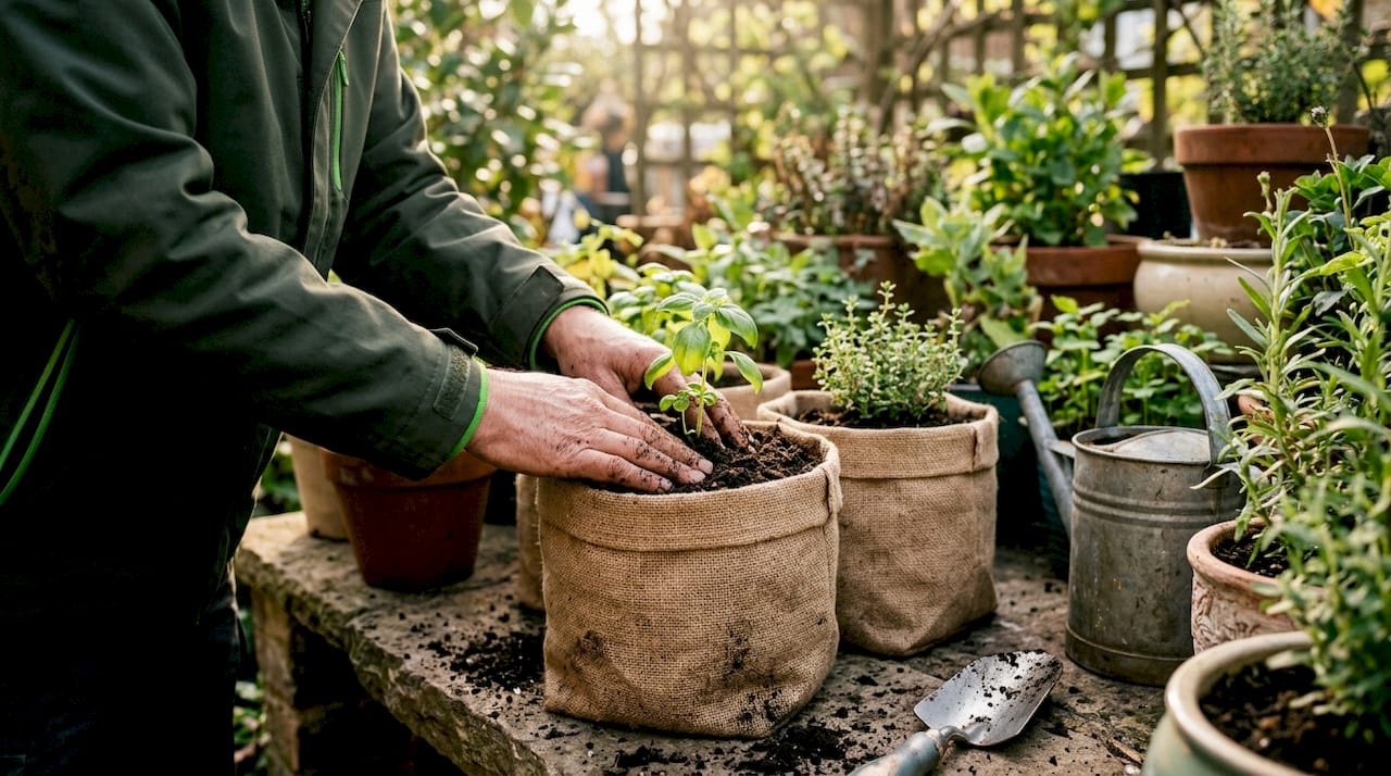 Hands planting herbs in fabric grow bags