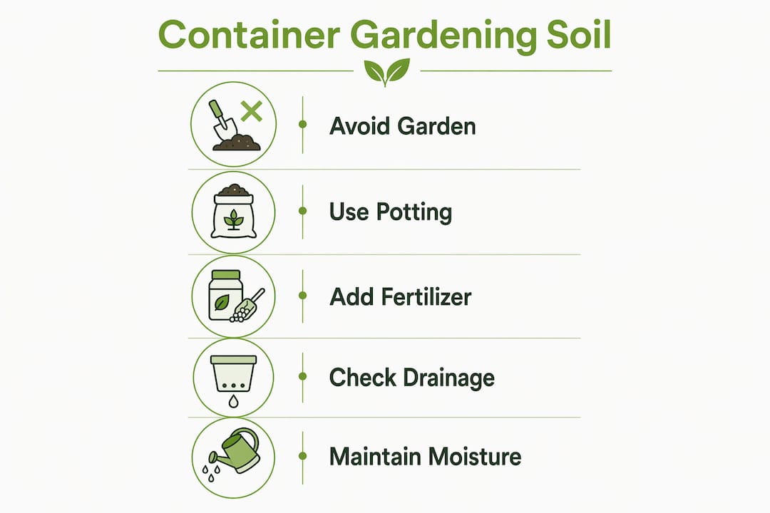 Infographic showing container gardening soil tips