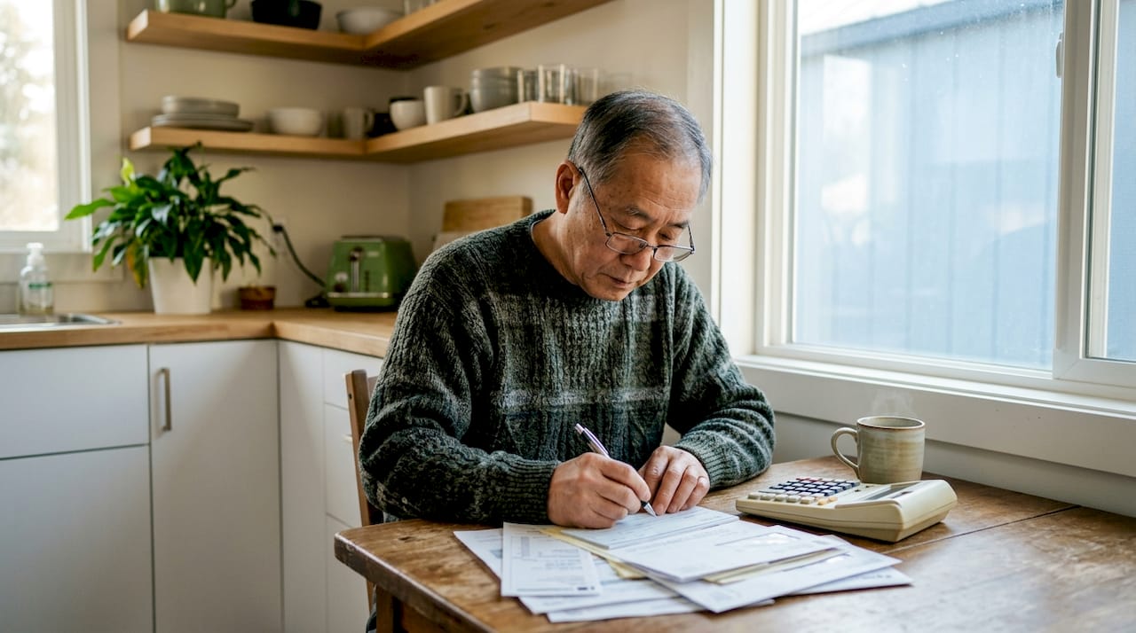 Elderly man writing rent check in tiny home