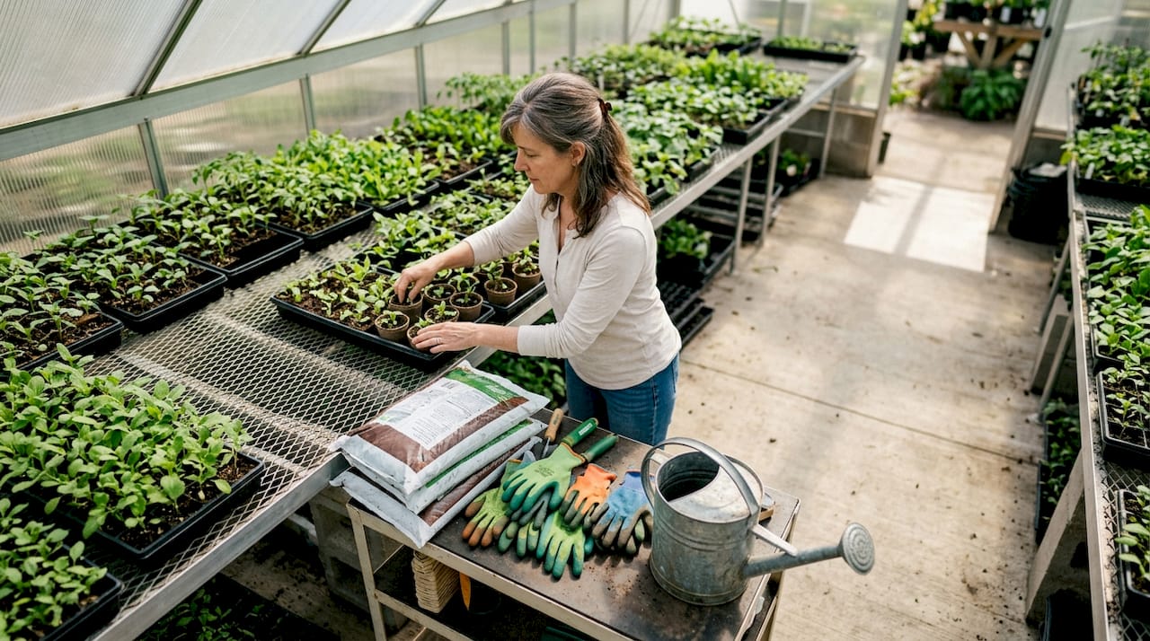 Woman arranging seedling trays in greenhouse interior