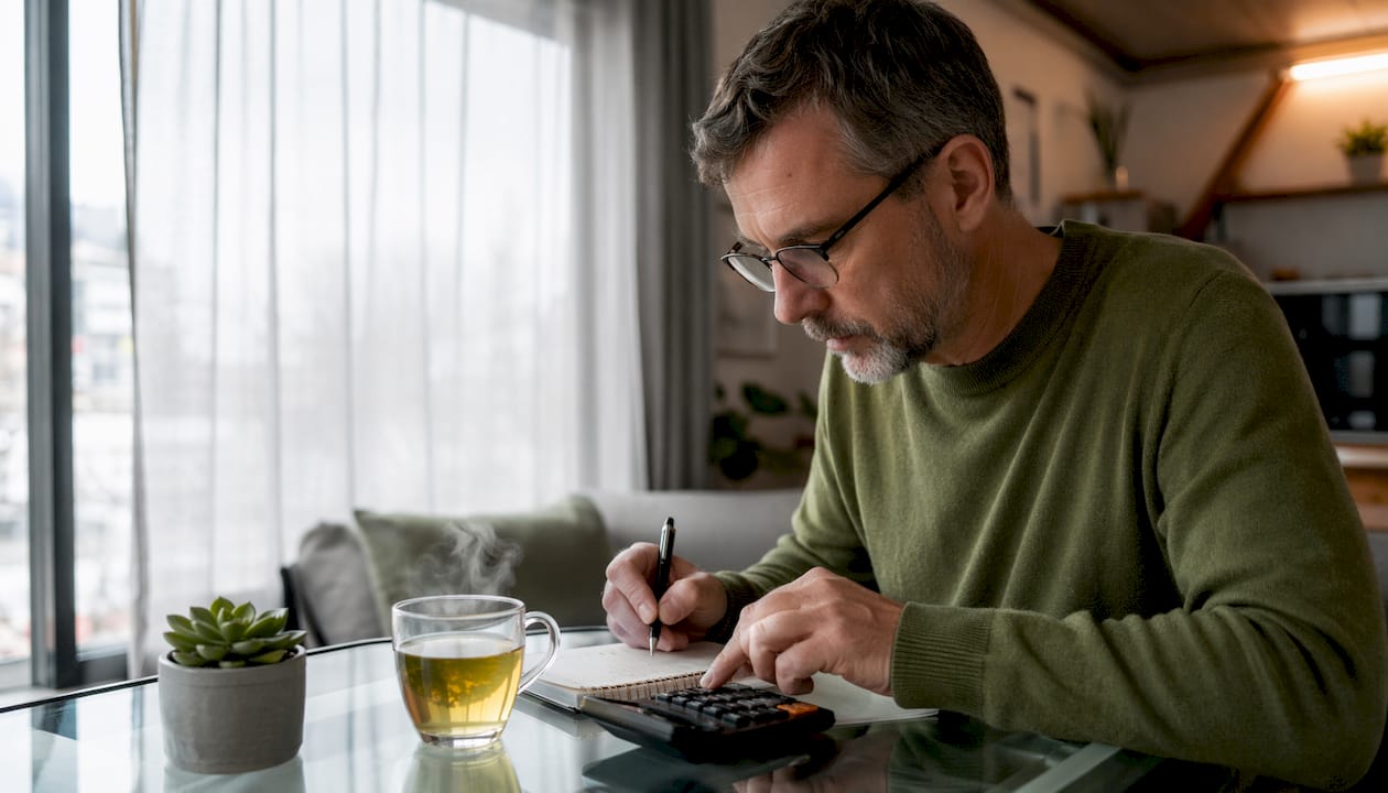 Man calculating finances in tiny home kitchen nook