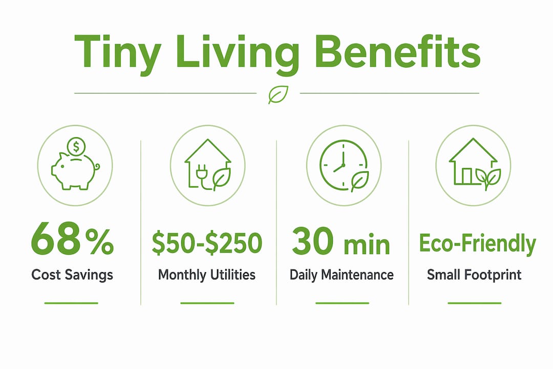 Infographic displaying benefits of tiny living with stats and highlights