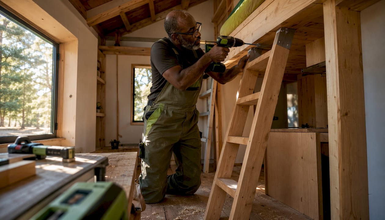 Carpenter installing loft ladder inside tiny home