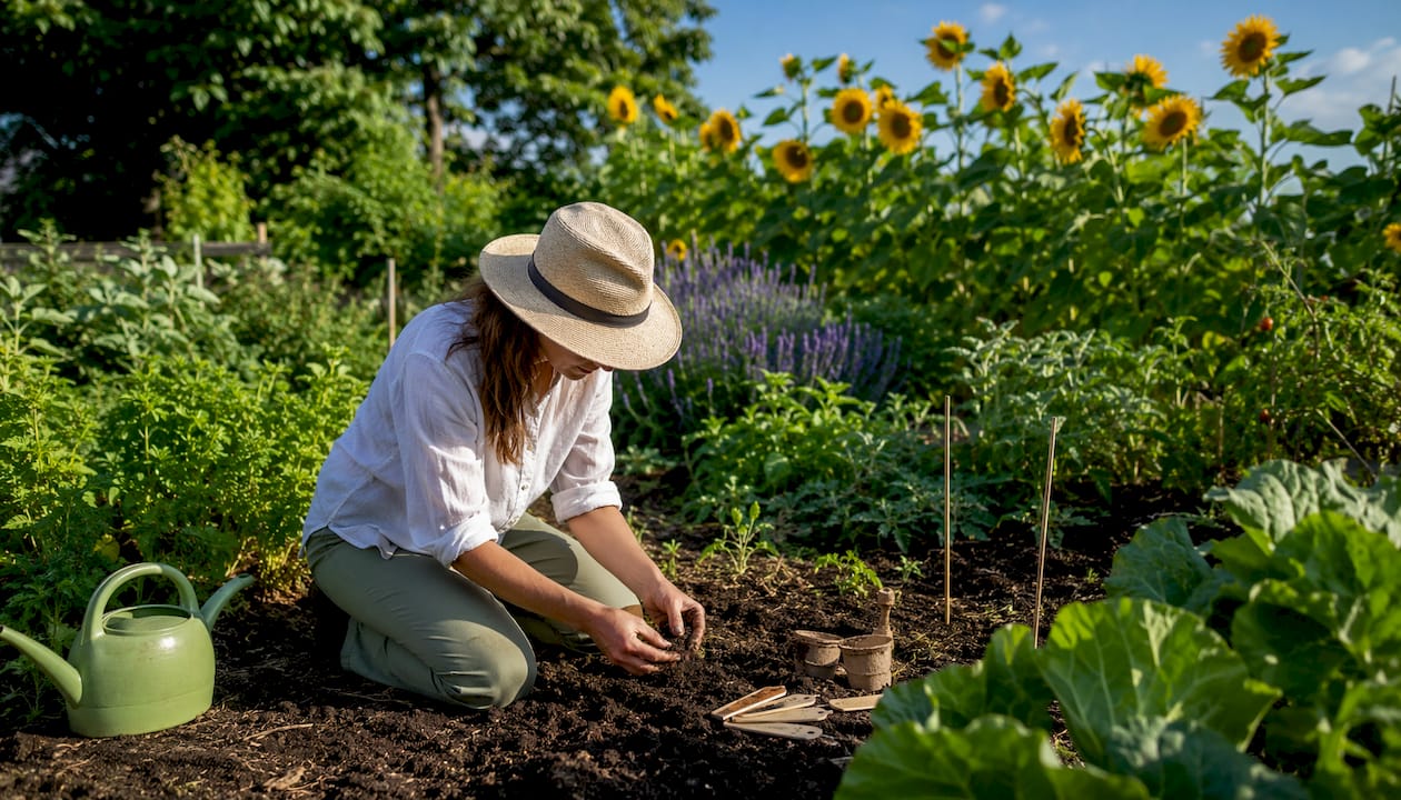 Gardener testing soil quality in backyard garden bed