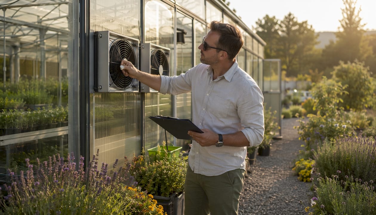 Consultant evaluating greenhouse ventilation and sun exposure