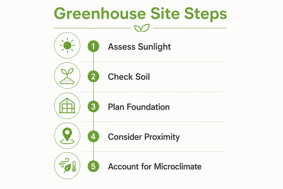 Infographic illustrating steps to choose greenhouse site