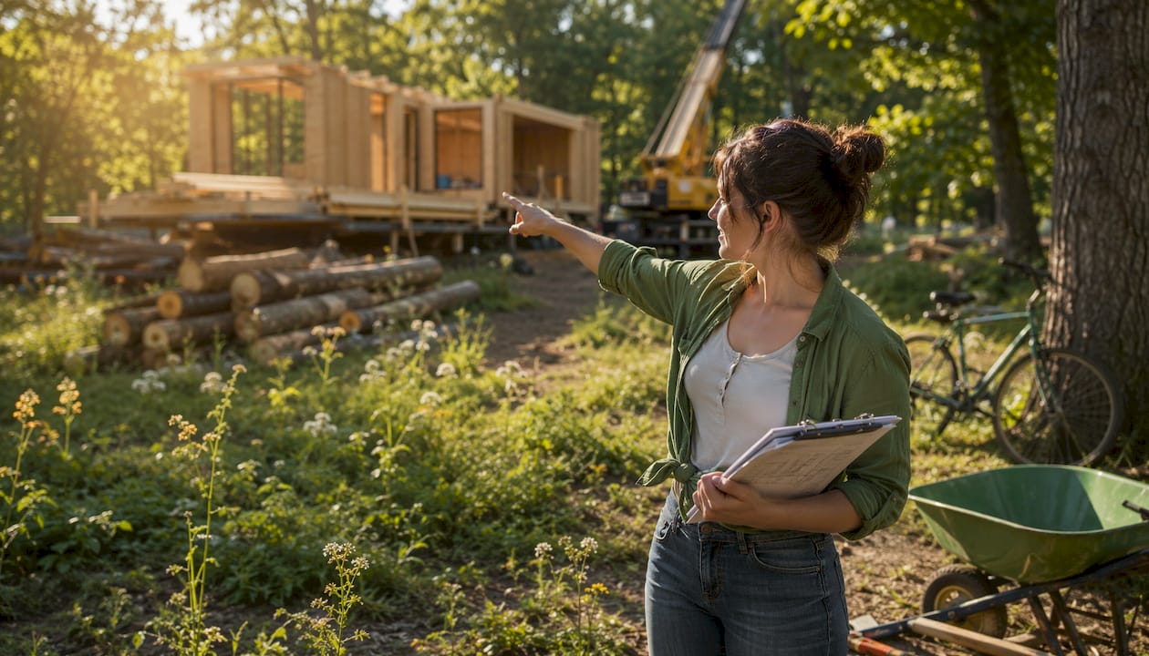 Woman inspecting prefab timber home construction site