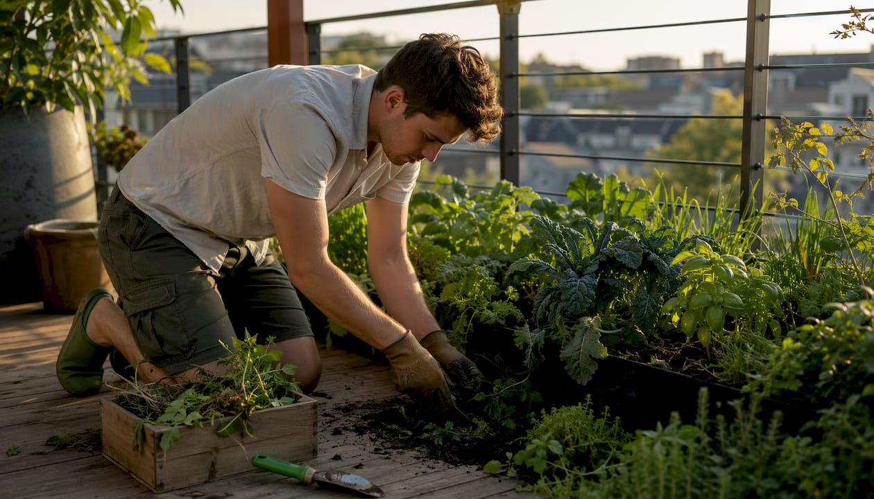 Man weeding vegetable garden beds
