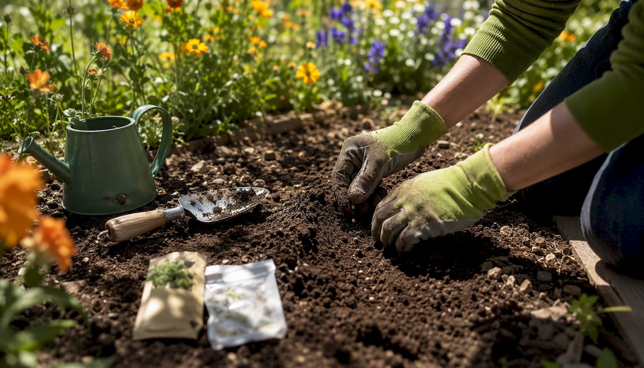 Hands planting tomato seeds in garden soil