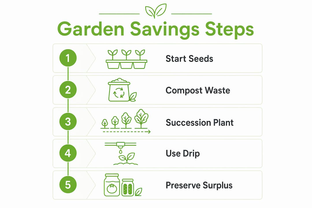 Infographic illustrating home gardening cost-saving steps