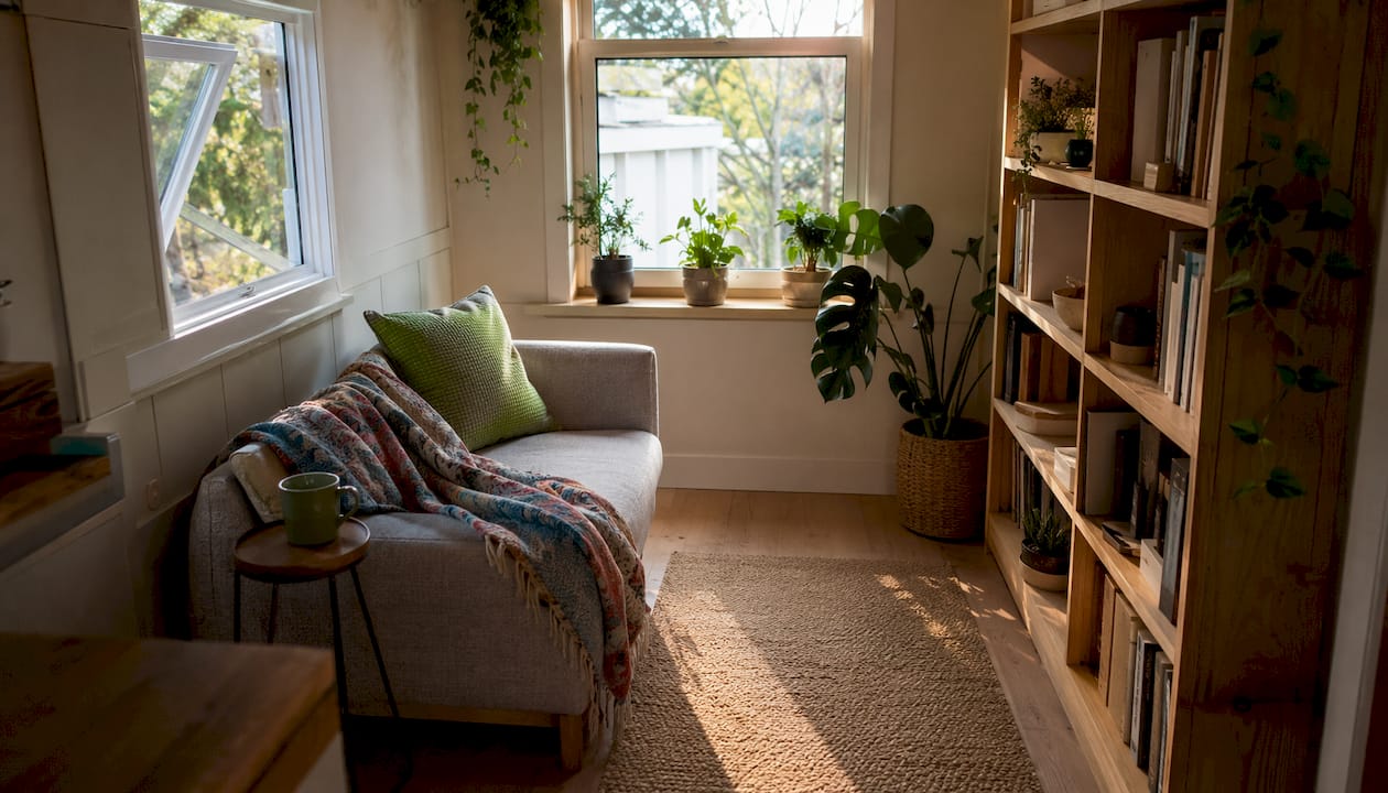 Overhead view of furniture promoting airflow in tiny home