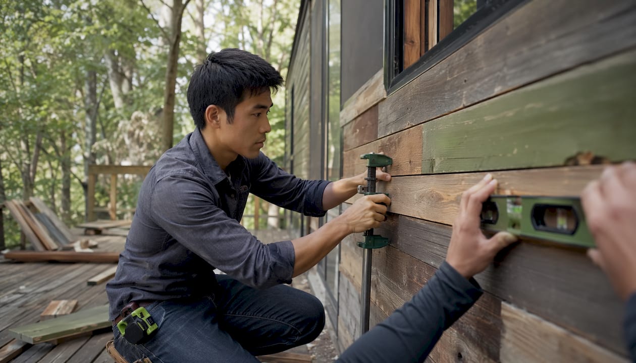 Installer fitting reclaimed wood siding panels