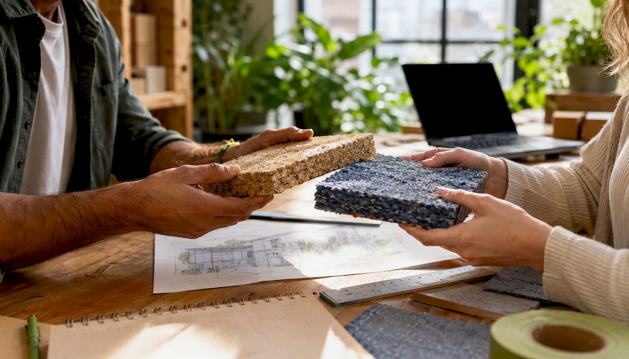 Hands comparing cork and fiberglass insulation