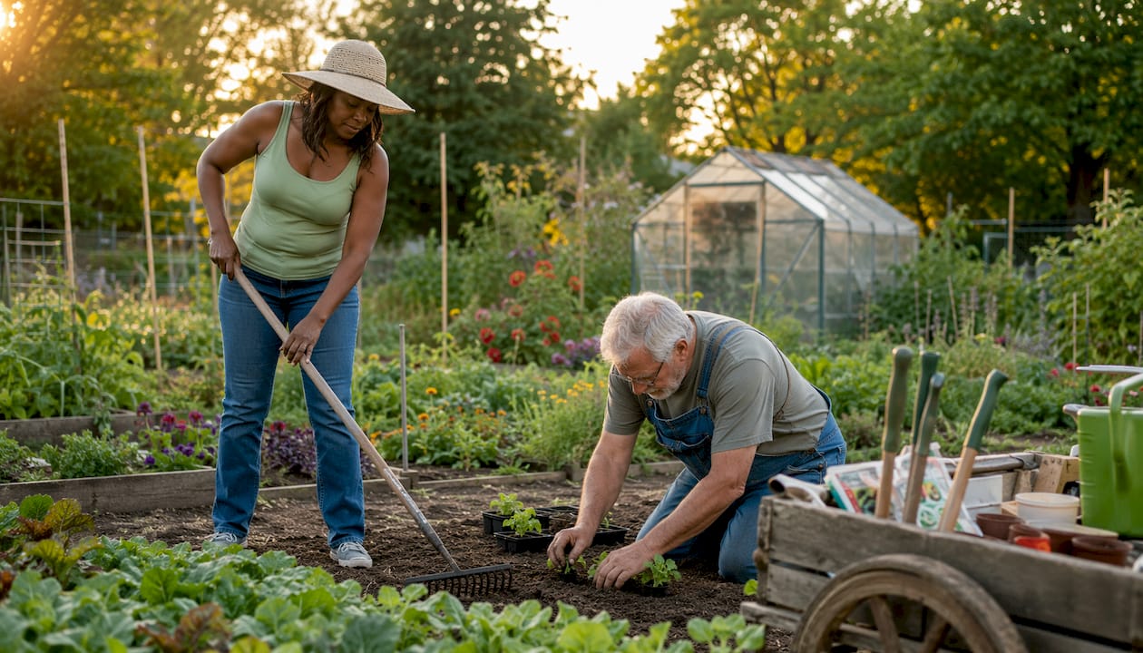 Neighbors gardening in community garden