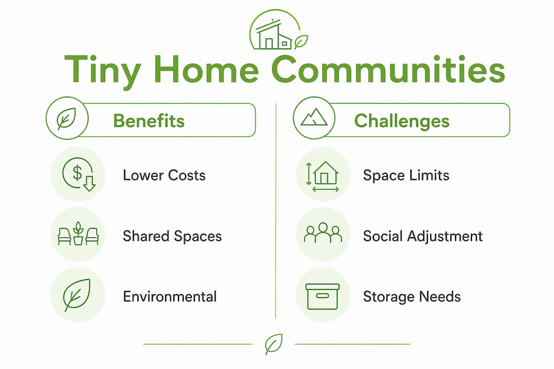 Infographic showing benefits and challenges of tiny home communities